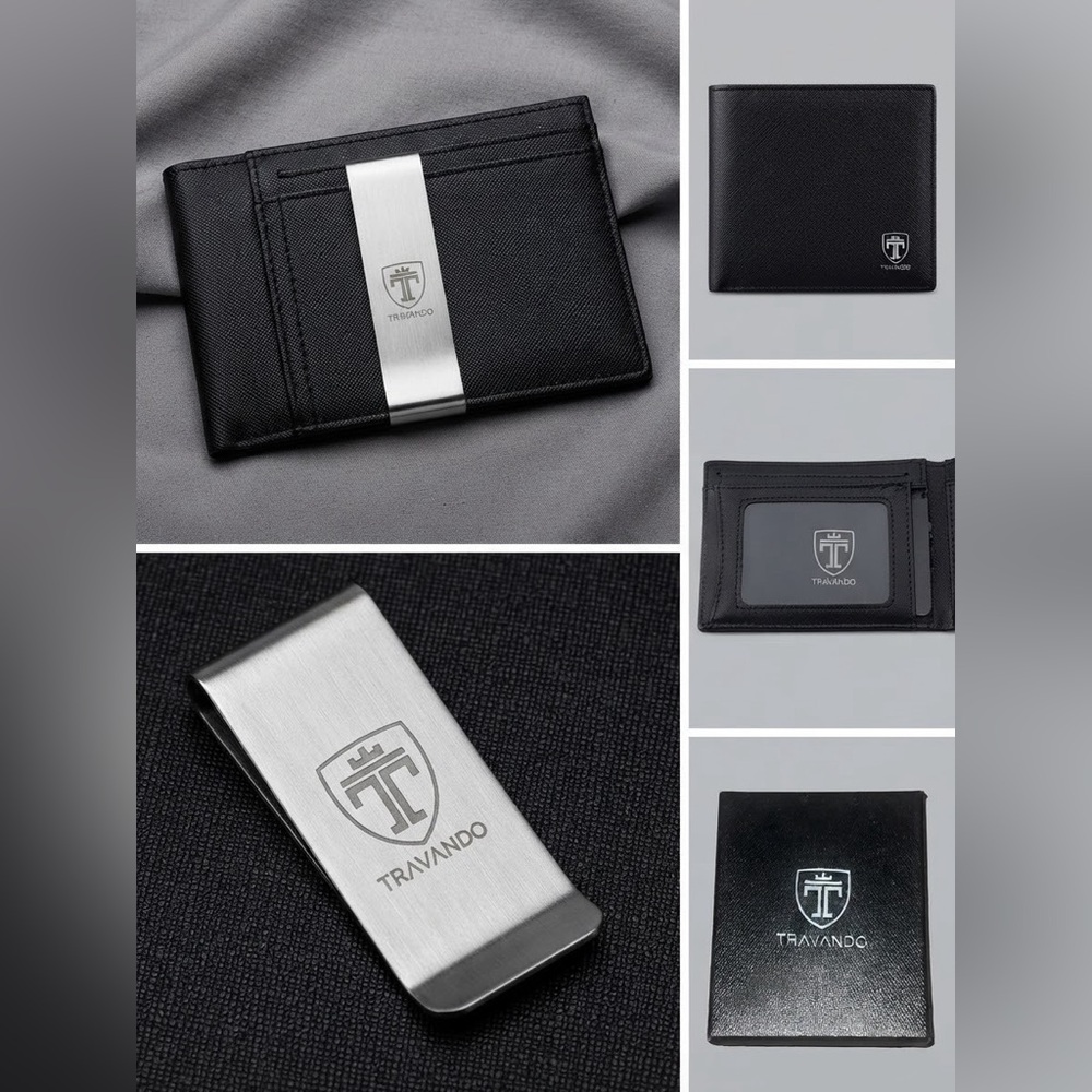 NEW IN BOX Travando Mens Black Leather Money Clip/Wallet/Billfold